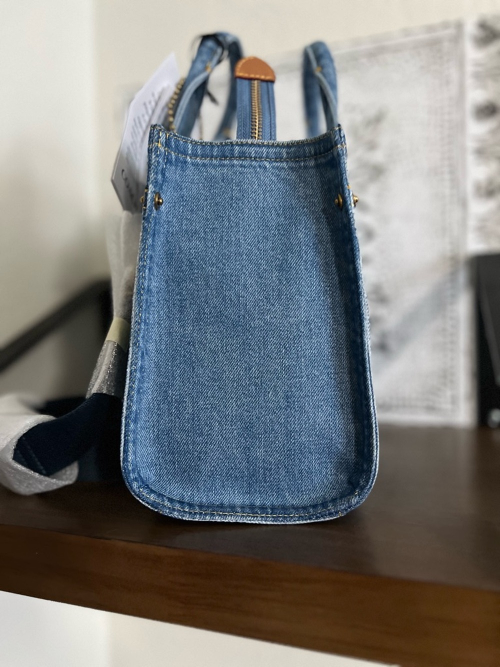 NWT Coach Denim Logo Tote Bag - Light Blue with Gold Hardware - Picture 3 of 8
